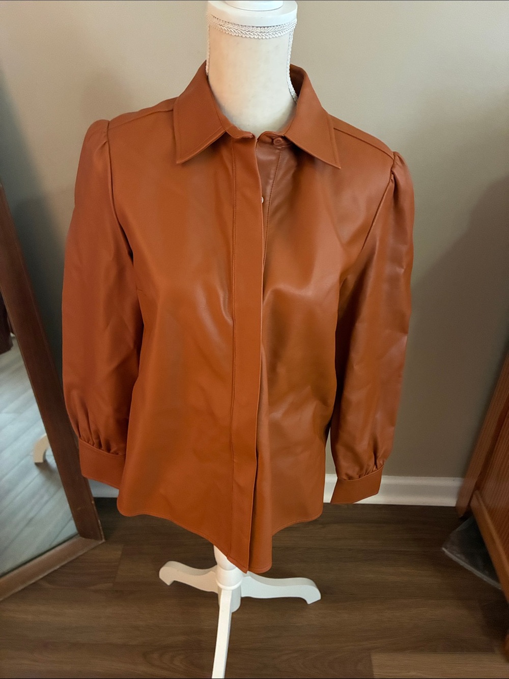 French Connection Cognac Faux-Leather Button Front Jacket